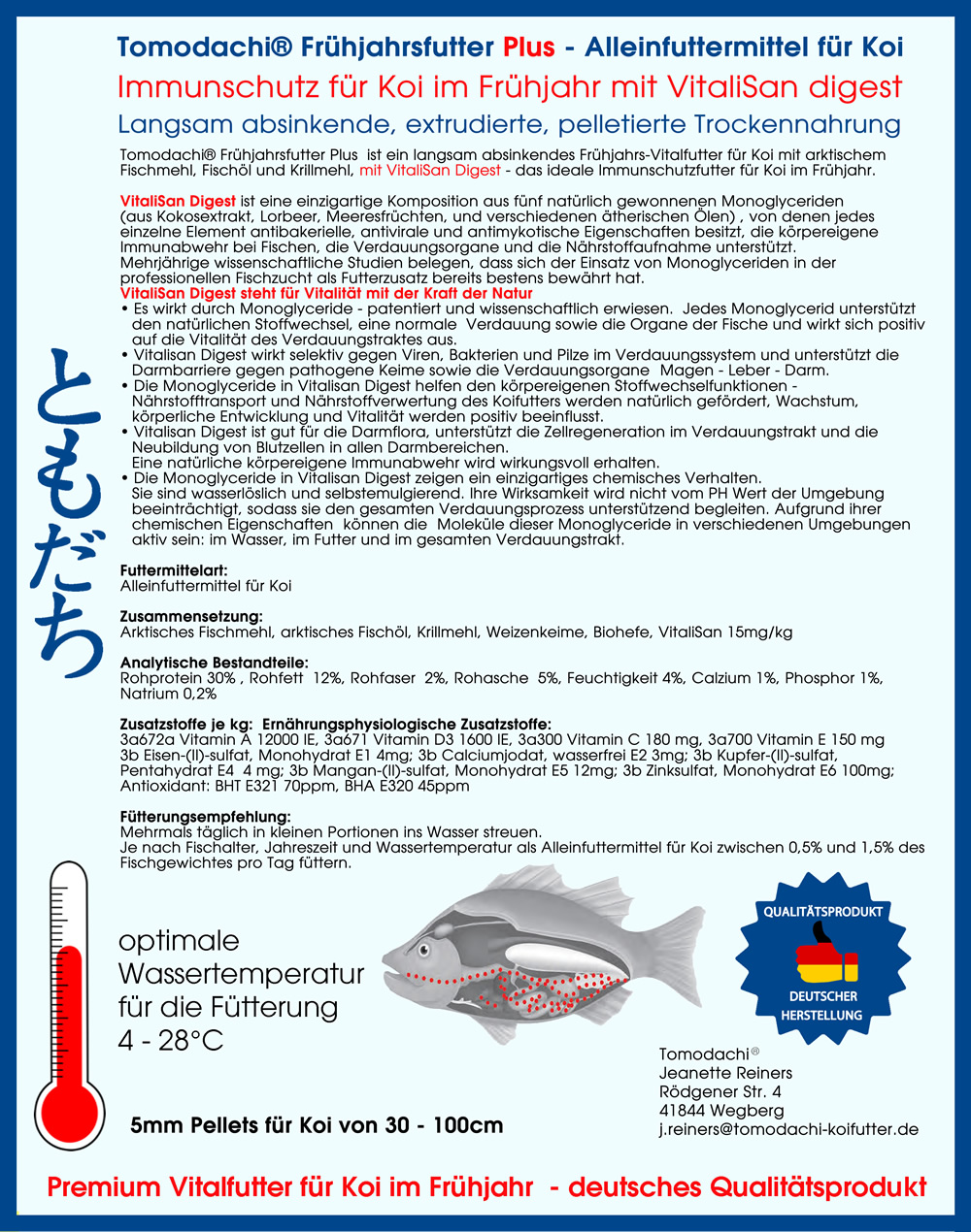 Koifutter, Frühjahrsfutter,  Immunschutzfutter Koi mit Monoglyceriden, Frühjahrsfutter Plus 5mm 10kg